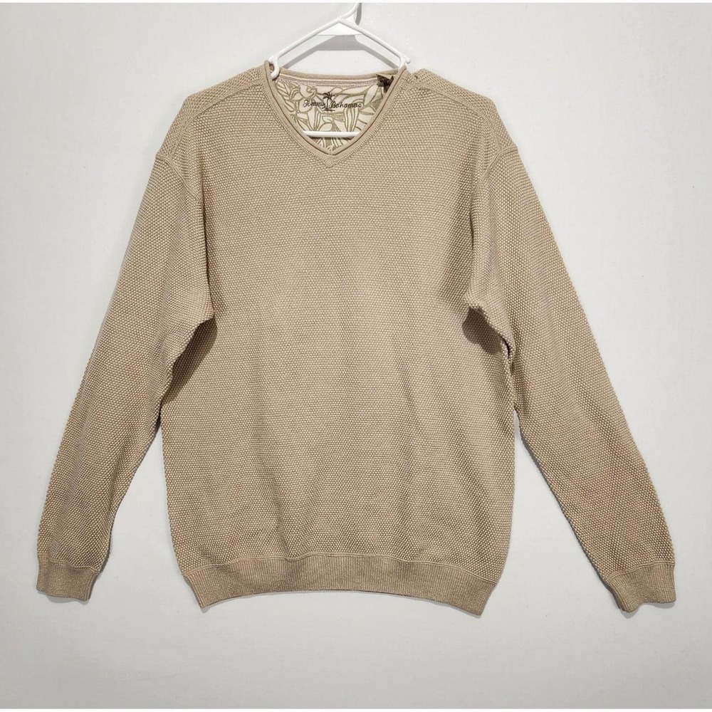 Tommy Bahama Men's Medium Beige Tan V-Neck Textured Knit Pullover Sweater